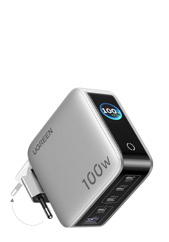 UGREEN 100W GaN Tech Nexode Pro Fast Wall Charger with Smart Display AND Touch Control, Grey, 5-in-1, 1x USB-A AND 4x USB-C